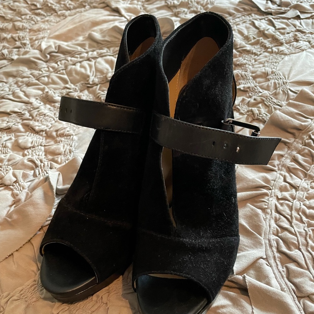 Michael Kors, black velvety heel with side buckle, size 7, 4.5 inch heel